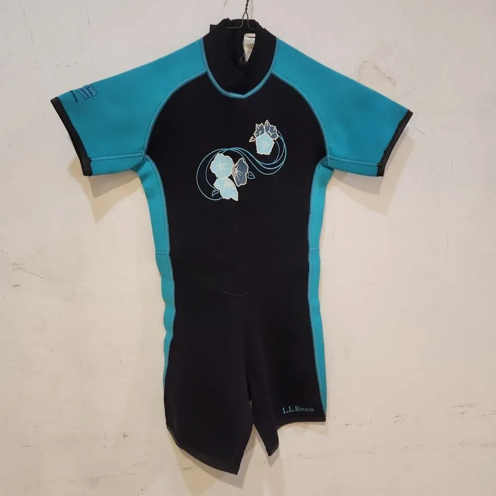 L.L.Bean Camaro Kids Sz L Shorty Wetsuit Neoprene Blue Black Springsuit Swimsuit